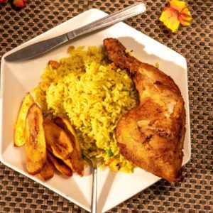 A pack of fried rice + salad + chicken